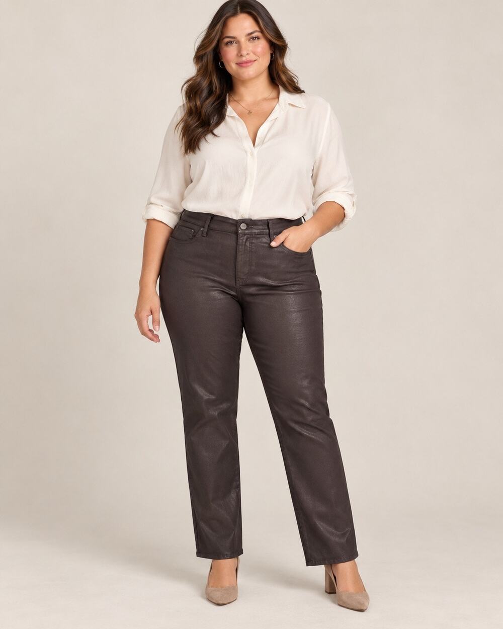 NYDJ Marilyn Straight Leg Jeans Pants 14W Brown Lift Tuck Stretch Coated NWT